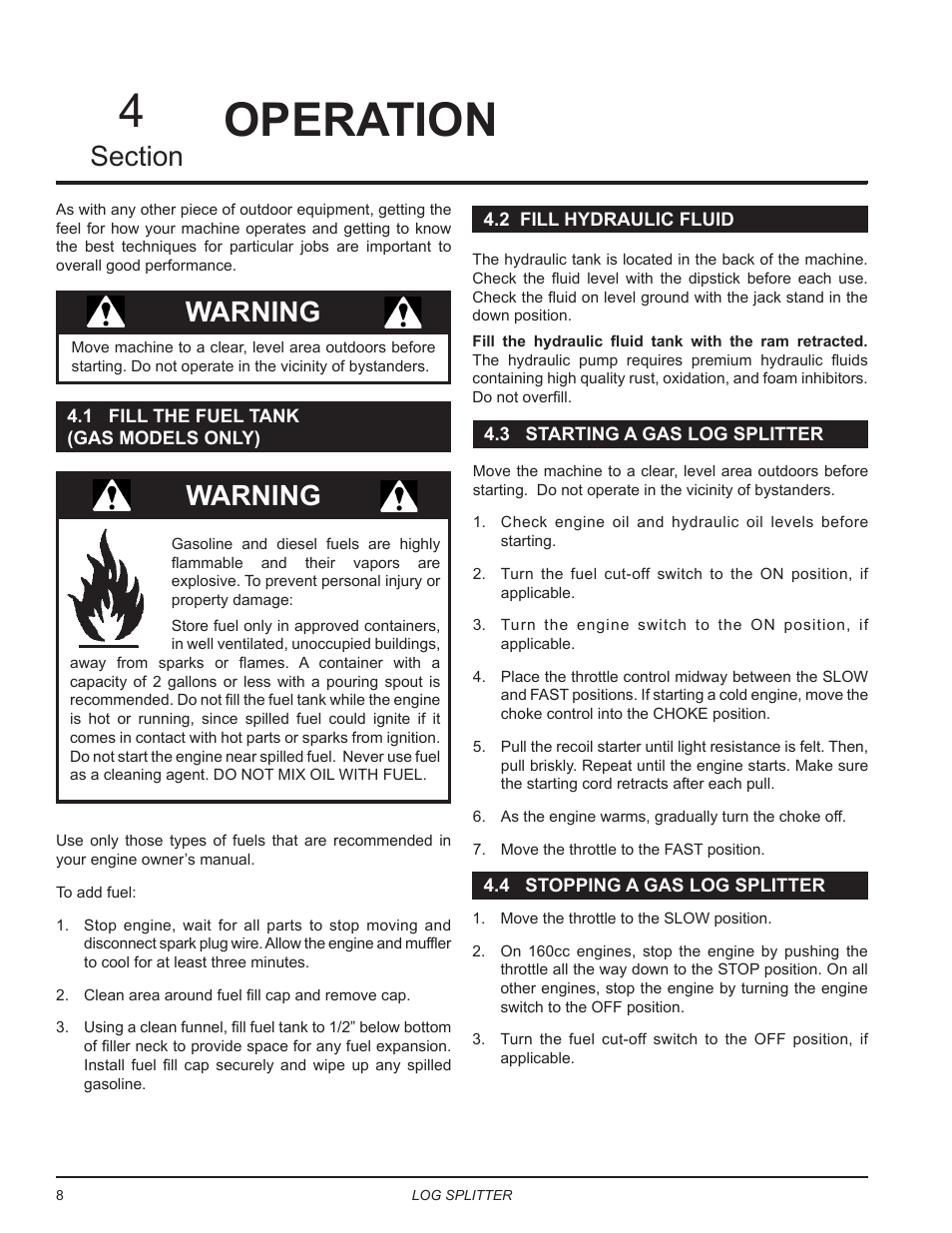 Operation, 1 fill the fuel tank (gas models only), 2 fill hydraulic fluid | 3 starting a gas log splitter, 4 stopping a gas log splitter, Operation 4, Warning | Echo LS21160 Owners Manual v.5 User Manual | Page 12 / 22