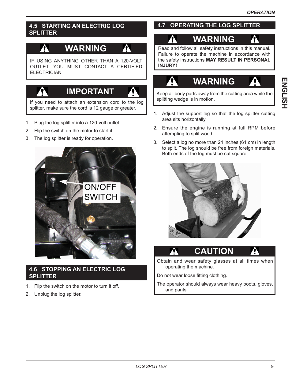 5 starting an electric log splitter, 6 stopping an electric logsplitter, 7 operating the log splitter | Warning, Caution, Important, English | Echo LS21160 Owners Manual v.5 User Manual | Page 13 / 22