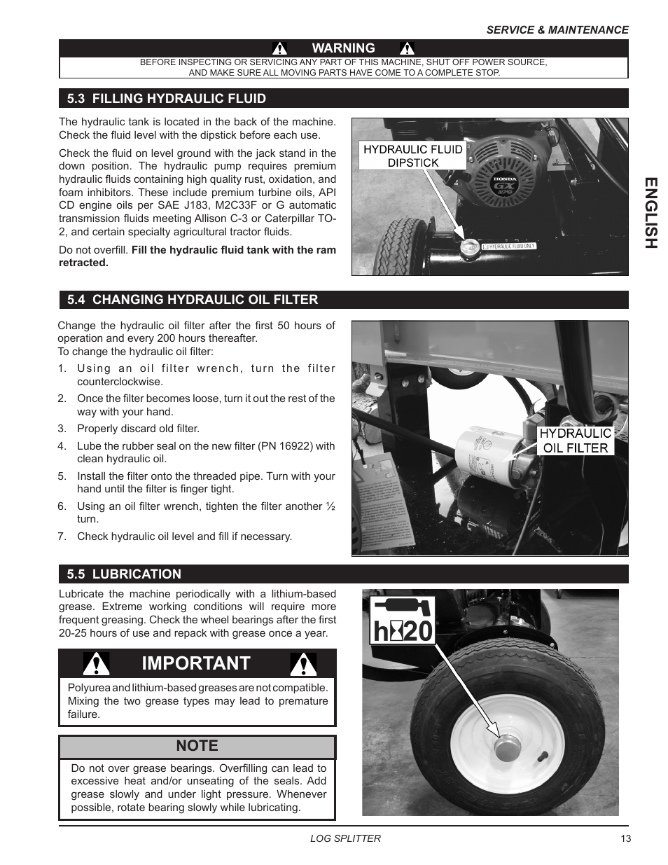 3 filling hydraulic fluid, 4 changing hydraulic oil filter, 5 lubrication | Important, English | Echo LS21160 Owners Manual v.5 User Manual | Page 17 / 22