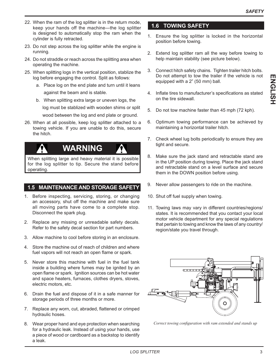 5 maintenance and storage safety, 6 towing safety, 5 maintenance and storage safety 1.6 towing safety | Warning, English | Echo LS21160 Owners Manual v.5 User Manual | Page 7 / 22