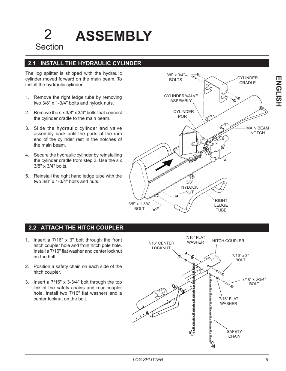 Assembly, 1 install the hydraulic cylinder, 2 attach the hitch coupler | English | Echo LS21160 Owners Manual v.5 User Manual | Page 9 / 22