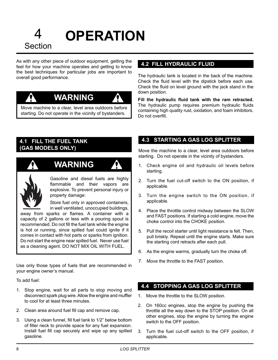 Operation, 1 fill the fuel tank (gas models only), 2 fill hydraulic fluid | 3 starting a gas log splitter, 4 stopping a gas log splitter, Operation 4, Warning | Echo LS21160 Owners Manual v.4 User Manual | Page 12 / 22