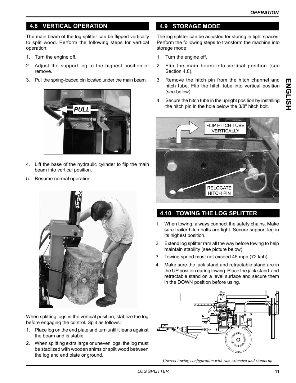 8 vertical operation, 9 storage mode, 10 towing the log splitter | English | Echo LS21160 Owners Manual v.4 User Manual | Page 15 / 22