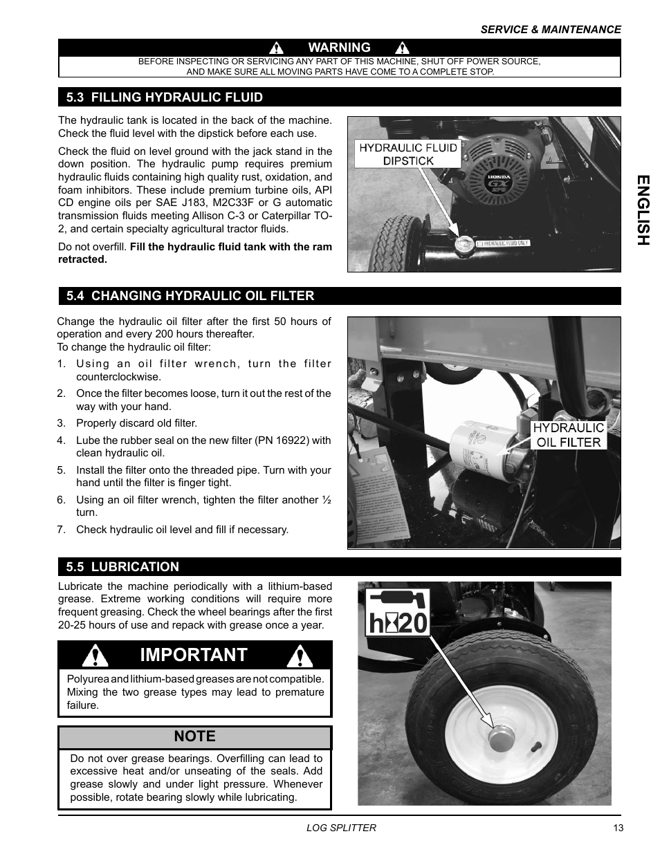 3 filling hydraulic fluid, 4 changing hydraulic oil filter, 5 lubrication | Important, English | Echo LS21160 Owners Manual v.4 User Manual | Page 17 / 22