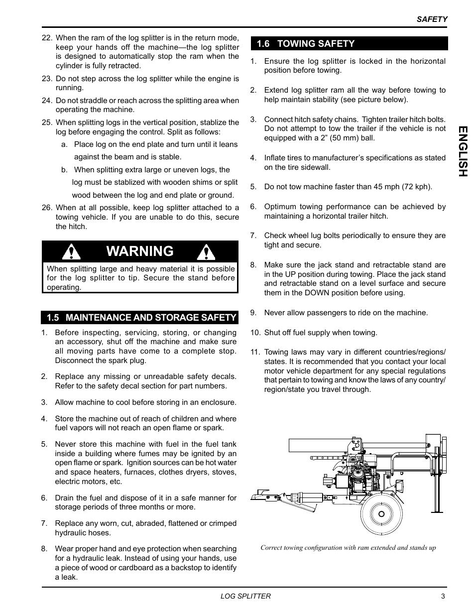 5 maintenance and storage safety, 6 towing safety, 5 maintenance and storage safety 1.6 towing safety | Warning, English | Echo LS21160 Owners Manual v.4 User Manual | Page 7 / 22