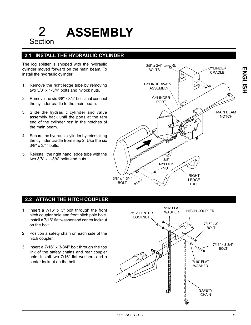 Assembly, 1 install the hydraulic cylinder, 2 attach the hitch coupler | English | Echo LS21160 Owners Manual v.4 User Manual | Page 9 / 22