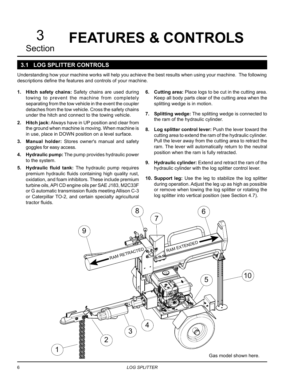 Features & controls, 1 log splitter controls | Echo LS21160 Owners Manual v.3 User Manual | Page 10 / 21