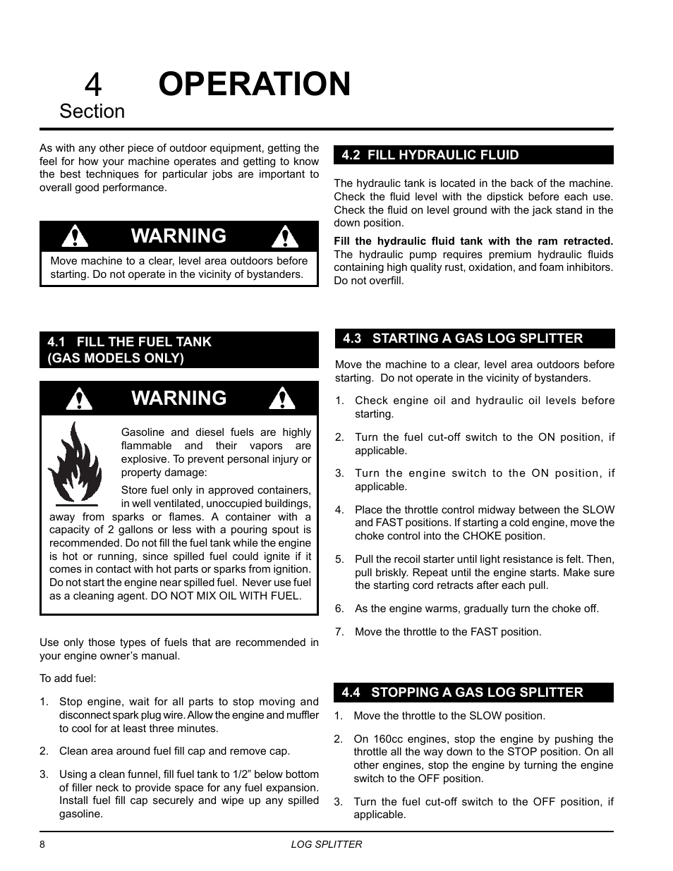 Operation, 1 fill the fuel tank (gas models only), 2 fill hydraulic fluid | 3 starting a gas log splitter, 4 stopping a gas log splitter, Operation 4 4, Warning | Echo LS21160 Owners Manual v.3 User Manual | Page 12 / 21