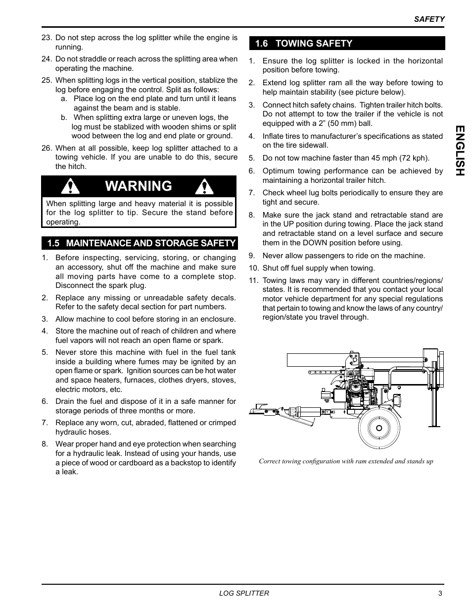 5 maintenance and storage safety, 6 towing safety, 5 maintenance and storage safety 1.6 towing safety | Warning, English | Echo LS21160 Owners Manual v.3 User Manual | Page 7 / 21