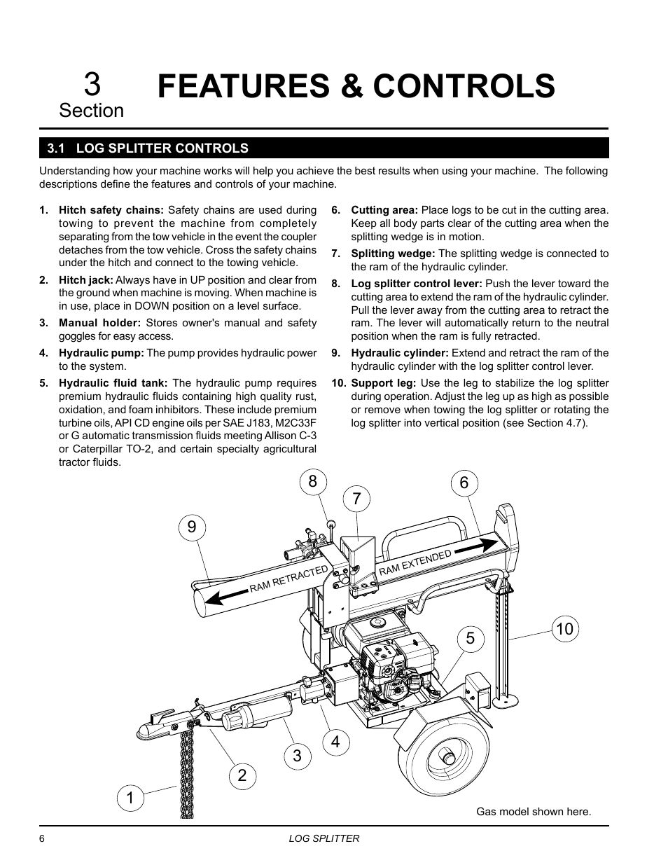 Features & controls, 1 log splitter controls | Echo LS21160 Owners Manual v.2 User Manual | Page 10 / 22