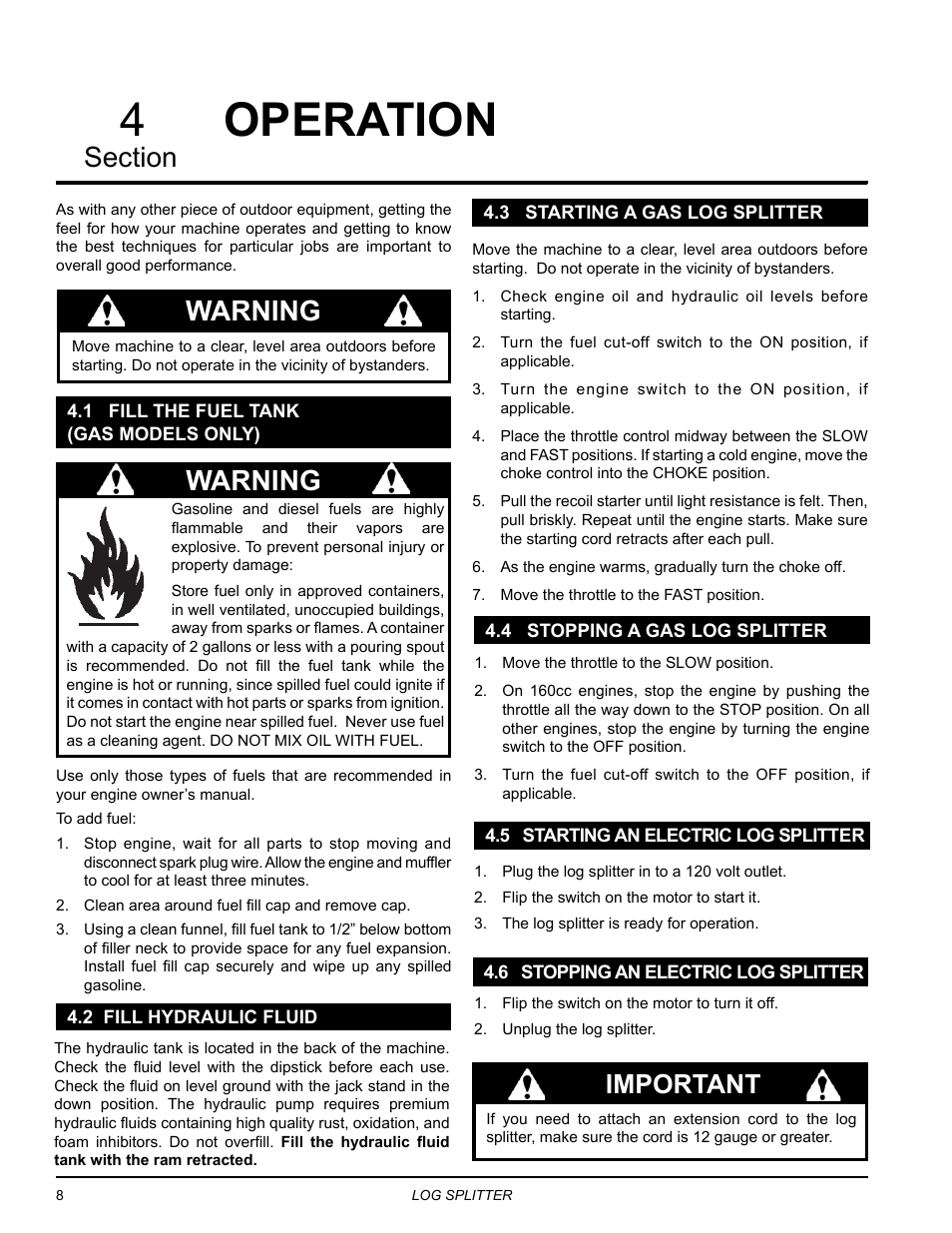 Operation, 1 fill the fuel tank (gas models only), 2 fill hydraulic fluid | 3 starting a gas log splitter, 4 stopping a gas log splitter, 5 starting an electric log splitter, Operation 4 4, Warning, Important | Echo LS21160 Owners Manual v.2 User Manual | Page 12 / 22