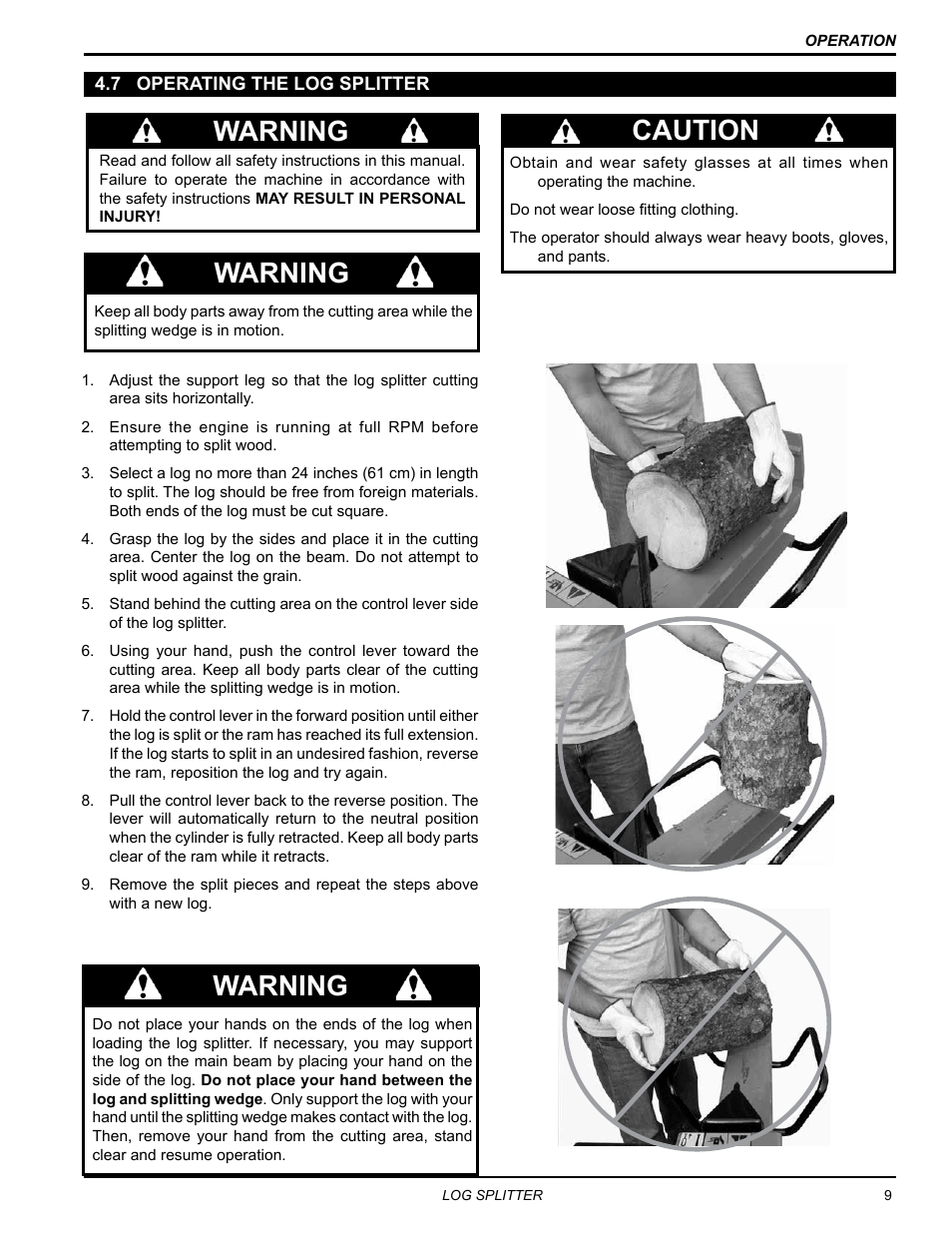 7 operating the log splitter, Warning, Caution | Echo LS21160 Owners Manual v.2 User Manual | Page 13 / 22