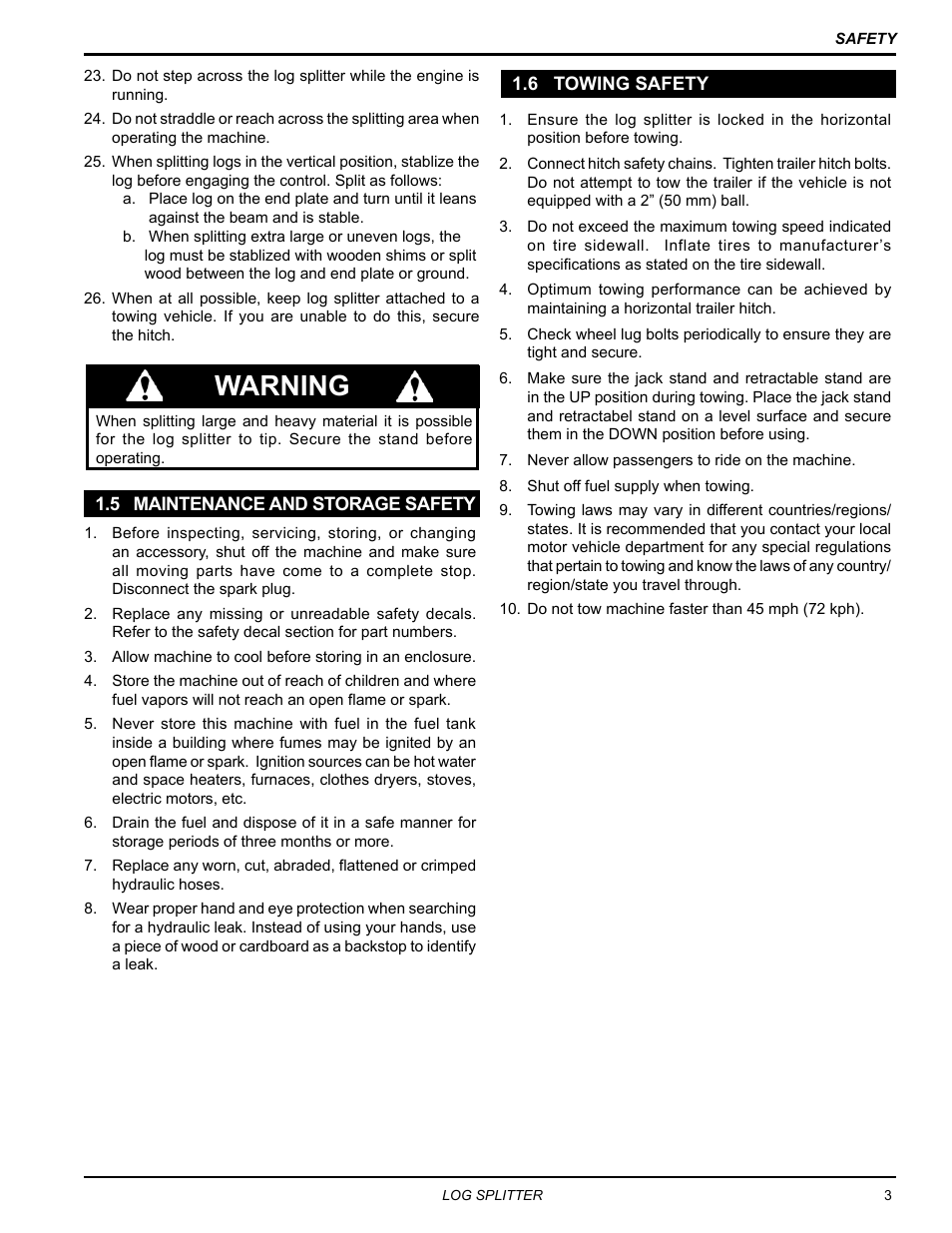 5 maintenance and storage safety, 6 towing safety, 5 maintenance and storage safety 1.6 towing safety | Warning | Echo LS21160 Owners Manual v.2 User Manual | Page 7 / 22