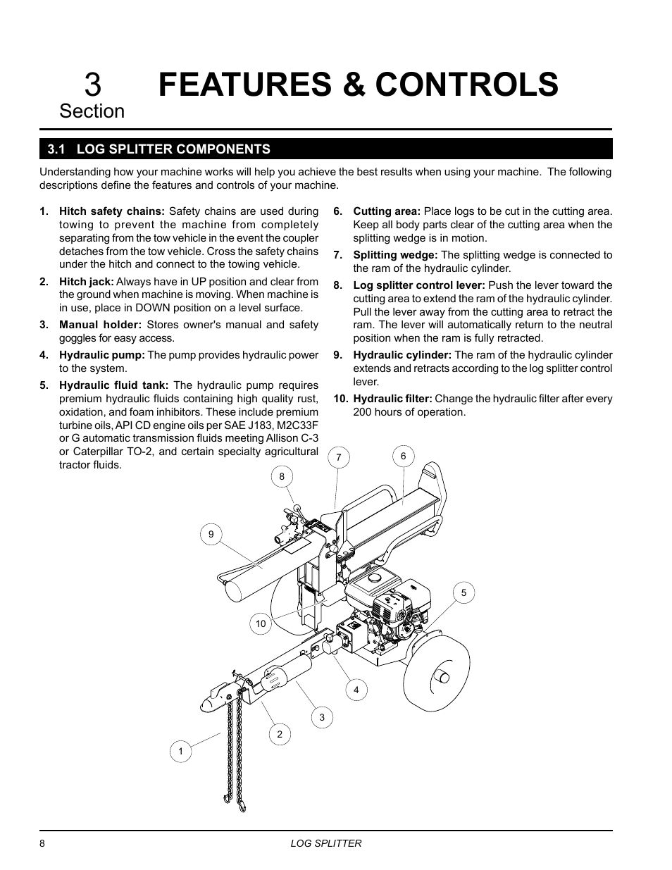 Features & controls, 1 log splitter components | Echo LS21160 Owners Manual v.1 User Manual | Page 12 / 24