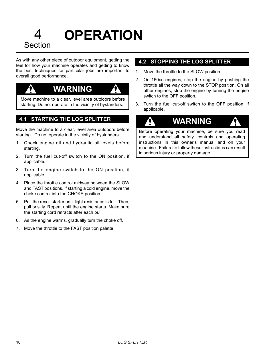 Operation, 1 starting the log splitter, 2 stopping the log splitter | Warning | Echo LS21160 Owners Manual v.1 User Manual | Page 14 / 24