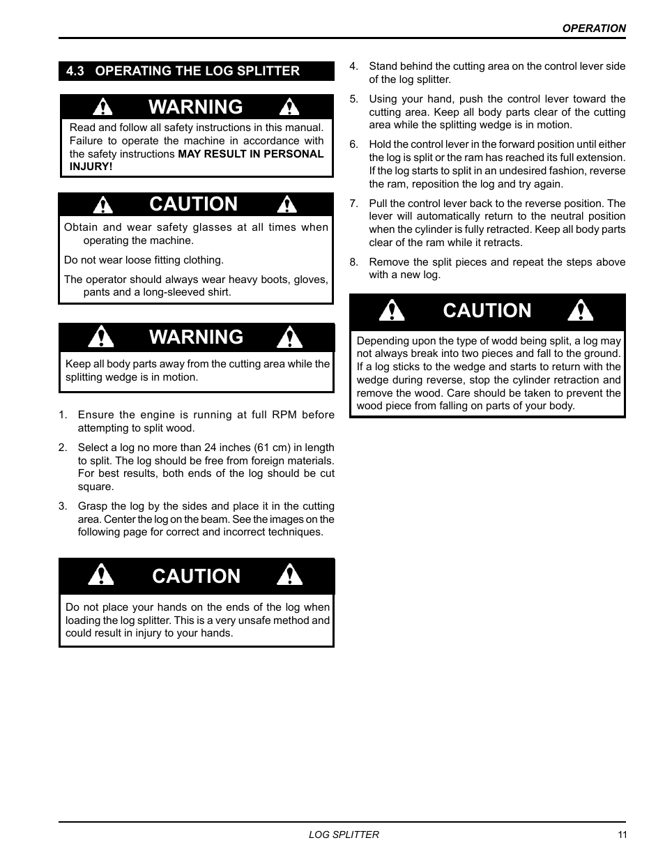 3 operating the log splitter, Warning, Caution | Echo LS21160 Owners Manual v.1 User Manual | Page 15 / 24