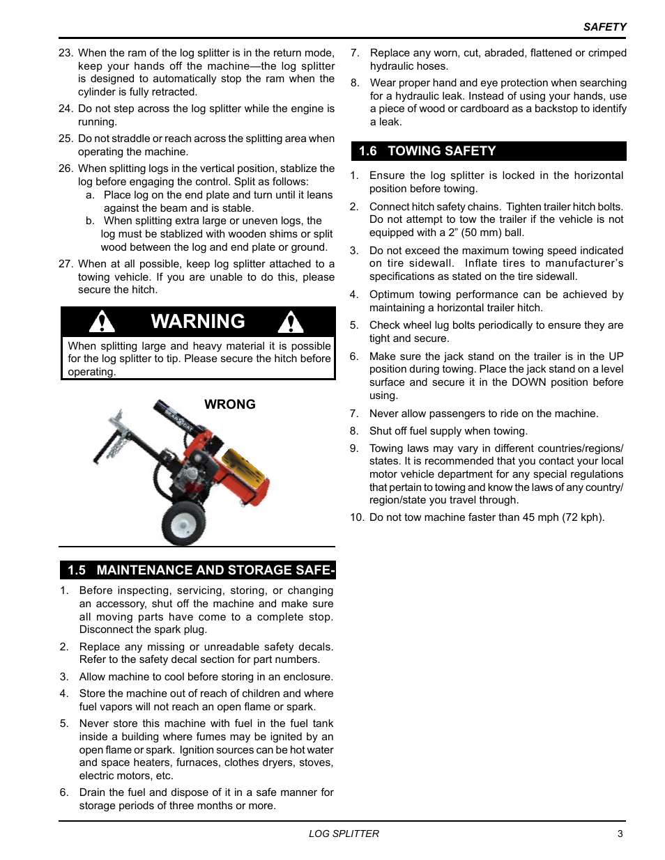 5 maintenance and storage safety, 6 towing safety, 5 maintenance and storage safety 1.6 towing safety | Warning | Echo LS21160 Owners Manual v.1 User Manual | Page 7 / 24