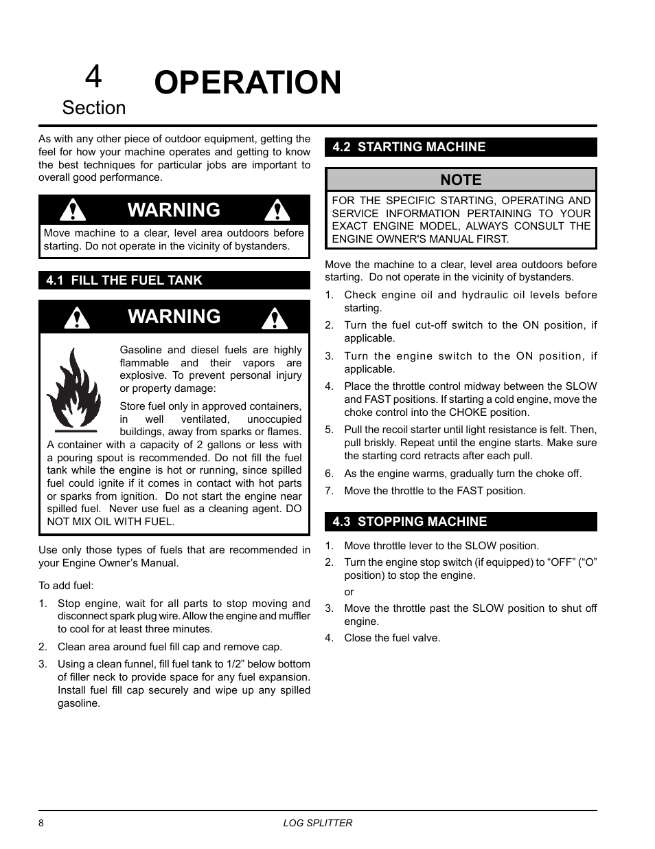 Operation, 1 fill the fuel tank, 2 starting machine | 3 stopping machine, Operation 4, Warning | Echo LS21 Owners Manual v.2 User Manual | Page 12 / 22