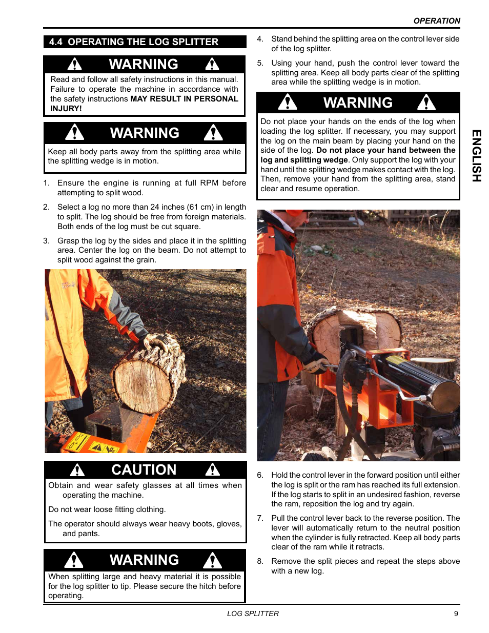 4 operating the log splitter, Warning caution warning, Warning | English | Echo LS21 Owners Manual v.2 User Manual | Page 13 / 22