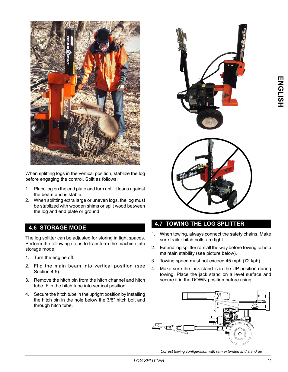 6 storage mode, 7 towing the log splitter, 6 storage mode 4.7 towing the log splitter | English | Echo LS21 Owners Manual v.2 User Manual | Page 15 / 22