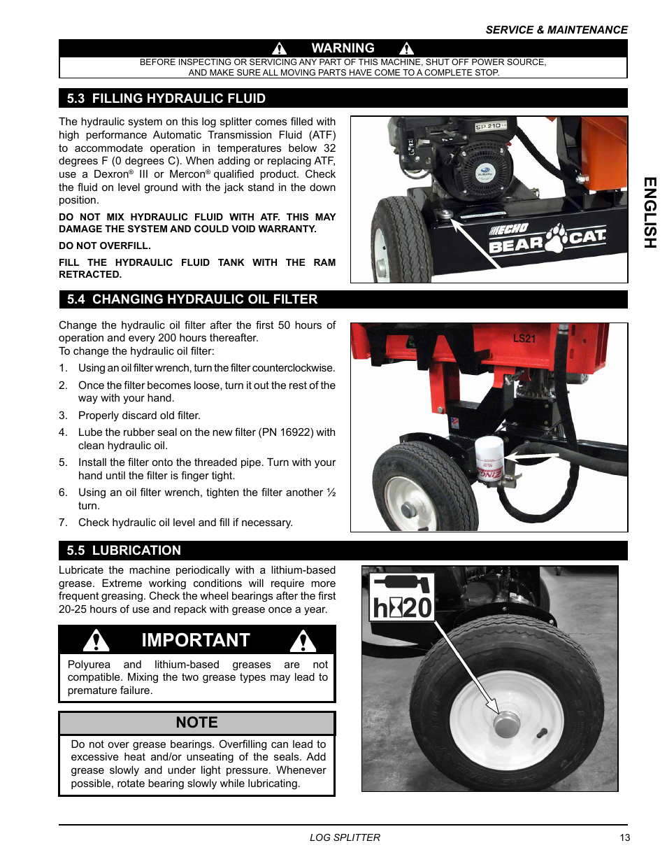 3 filling hydraulic fluid, 4 changing hydraulic oil filter, 5 lubrication | Important, English | Echo LS21 Owners Manual v.2 User Manual | Page 17 / 22