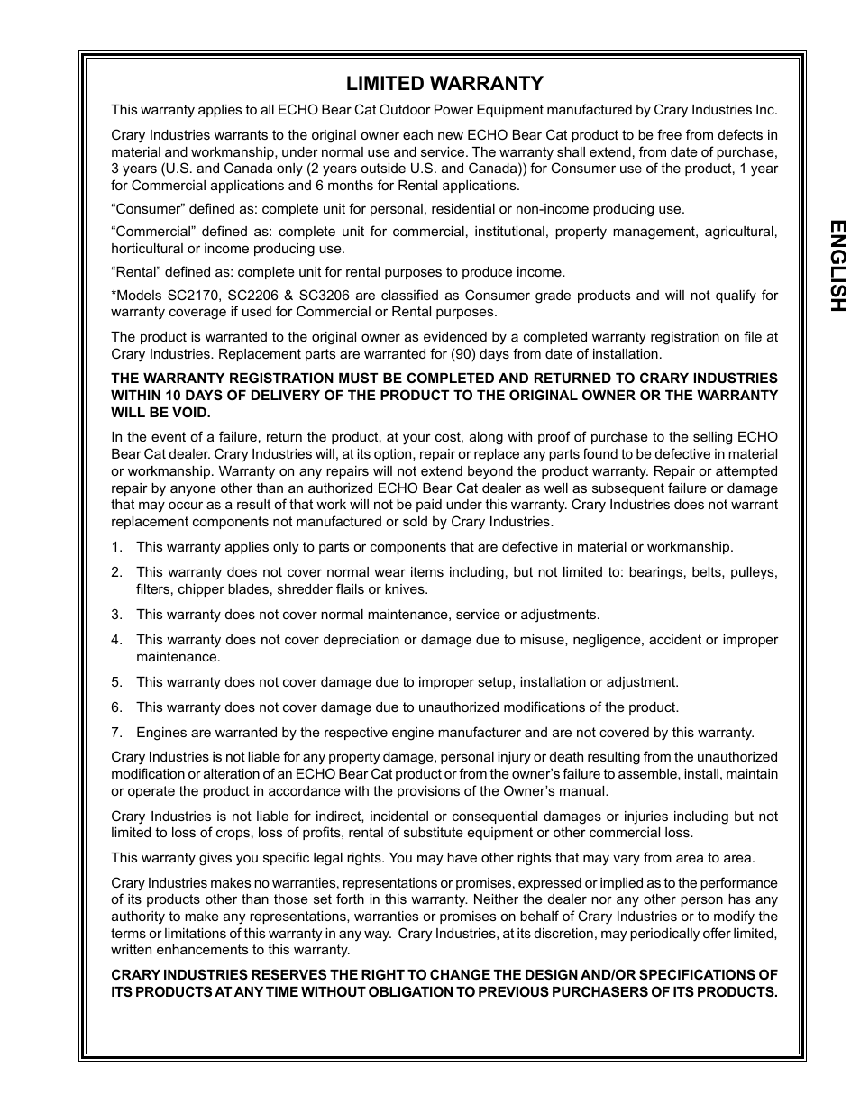 En g lis h, Limited warranty | Echo LS21 Owners Manual v.2 User Manual | Page 3 / 22
