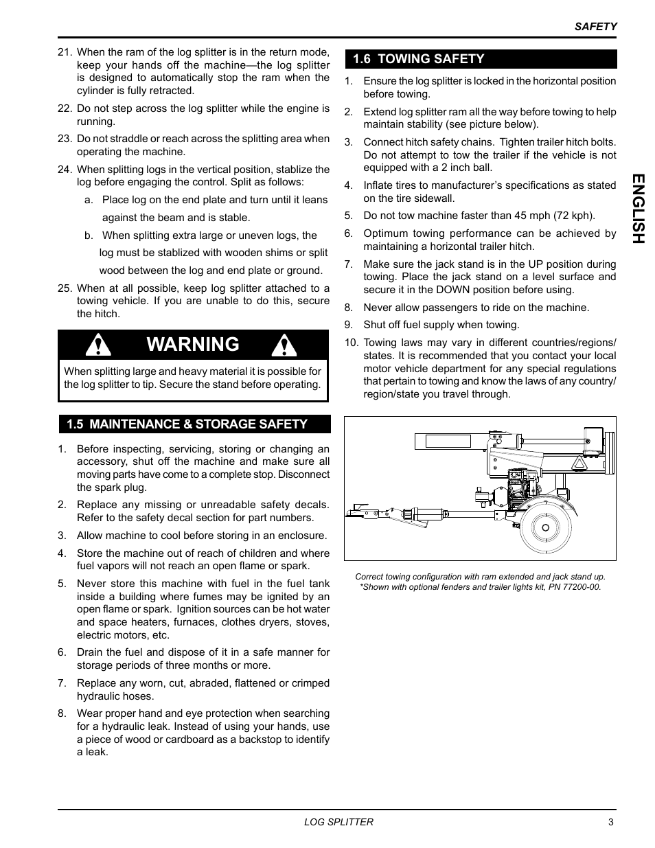 5 maintenance & storage safety, 6 towing safety, 5 maintenance & storage safety 1.6 towing safety | Warning, English | Echo LS21 Owners Manual v.2 User Manual | Page 7 / 22