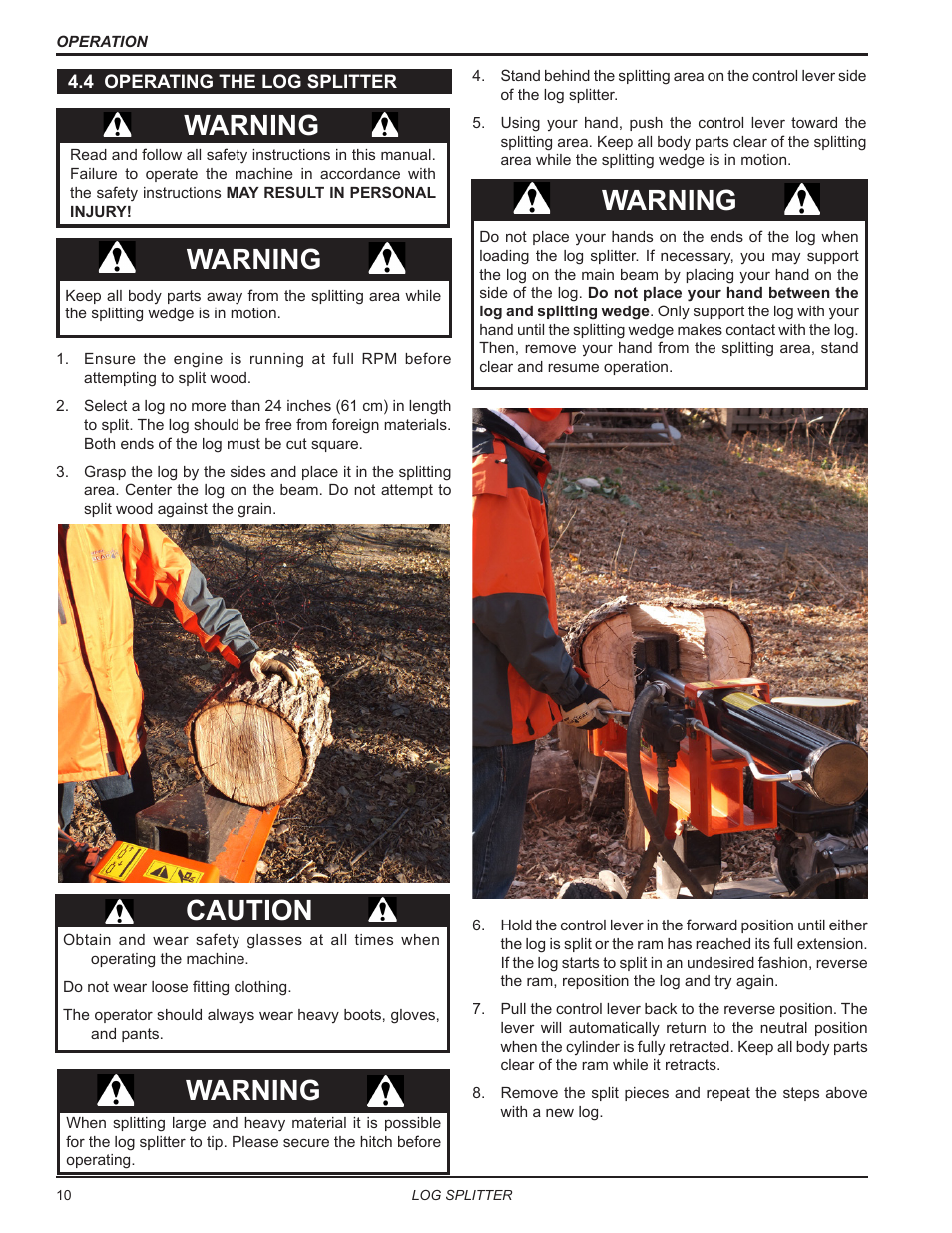 4 operating the log splitter, Warning caution warning, Warning | Echo LS21 Owners Manual v.1 User Manual | Page 14 / 40