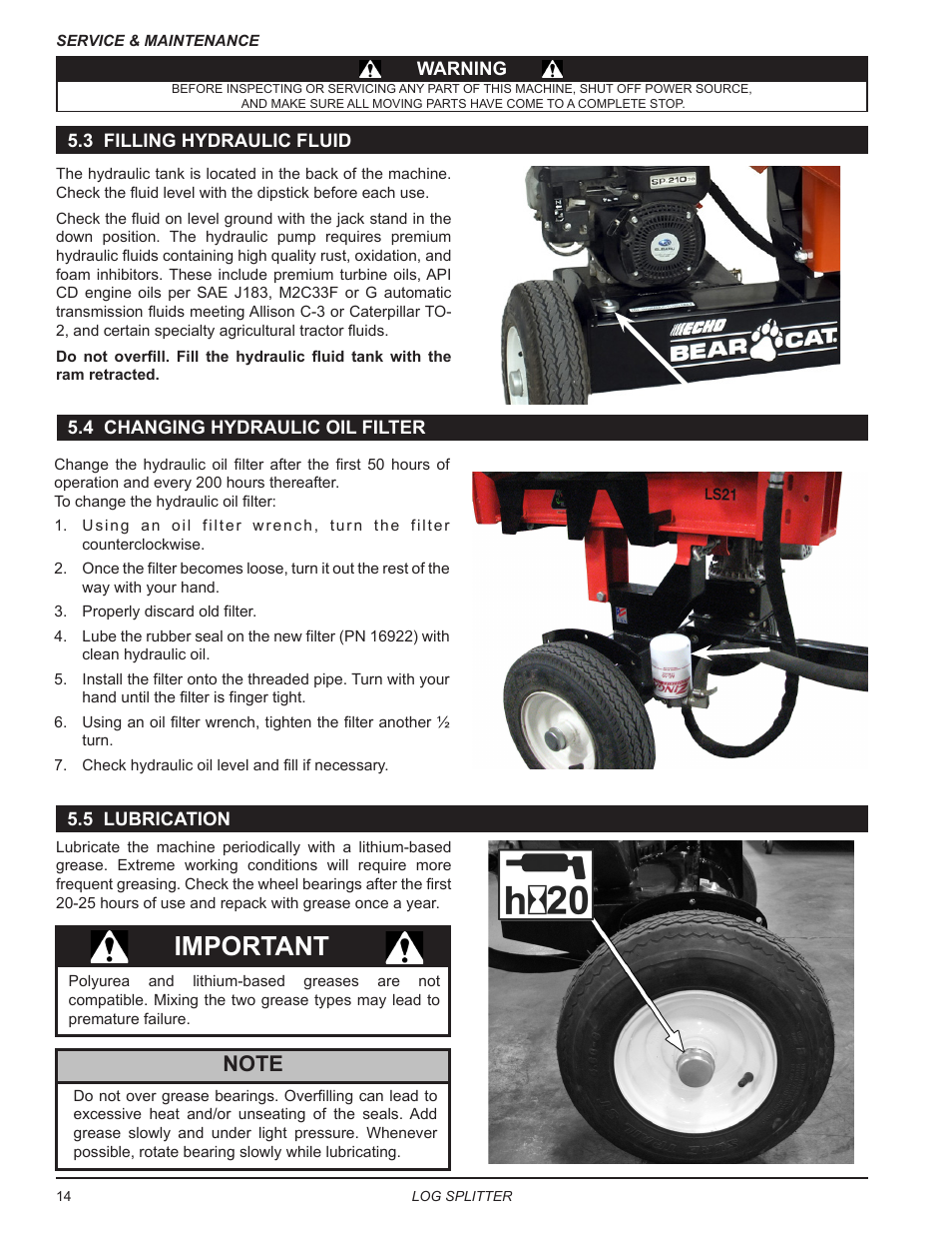 3 filling hydraulic fluid, 4 changing hydraulic oil filter, 5 lubrication | Important | Echo LS21 Owners Manual v.1 User Manual | Page 18 / 40