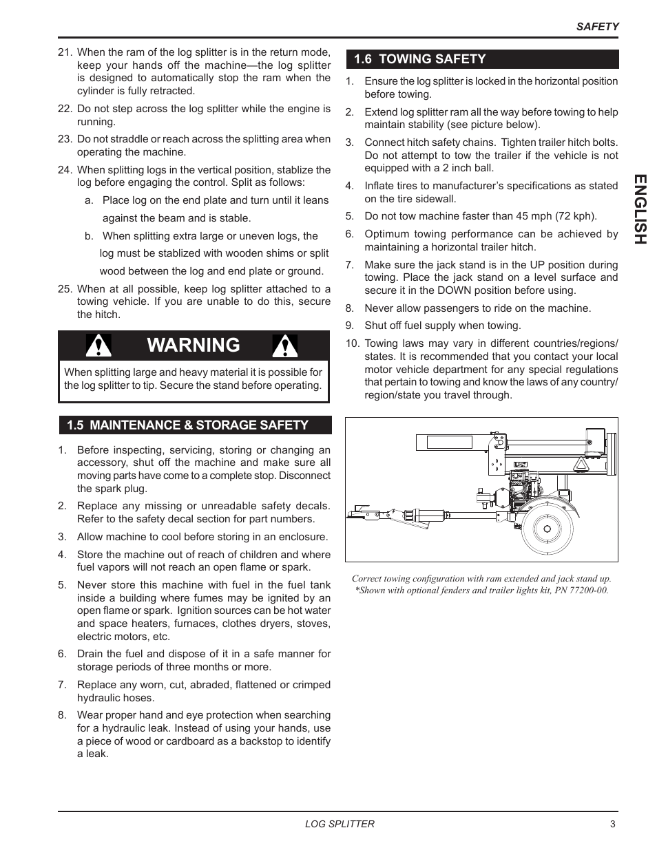5 maintenance & storage safety, 6 towing safety, 5 maintenance & storage safety 1.6 towing safety | Warning, English | Echo LS21 Owners Manual v.1 User Manual | Page 7 / 40