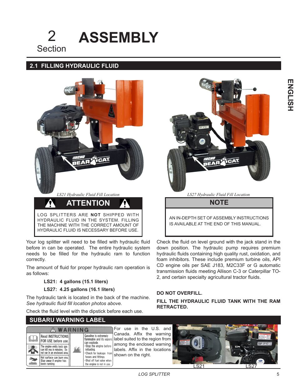 Assembly, 1 filling hydraulic fluid, Attention | English | Echo LS21 Owners Manual v.1 User Manual | Page 9 / 40