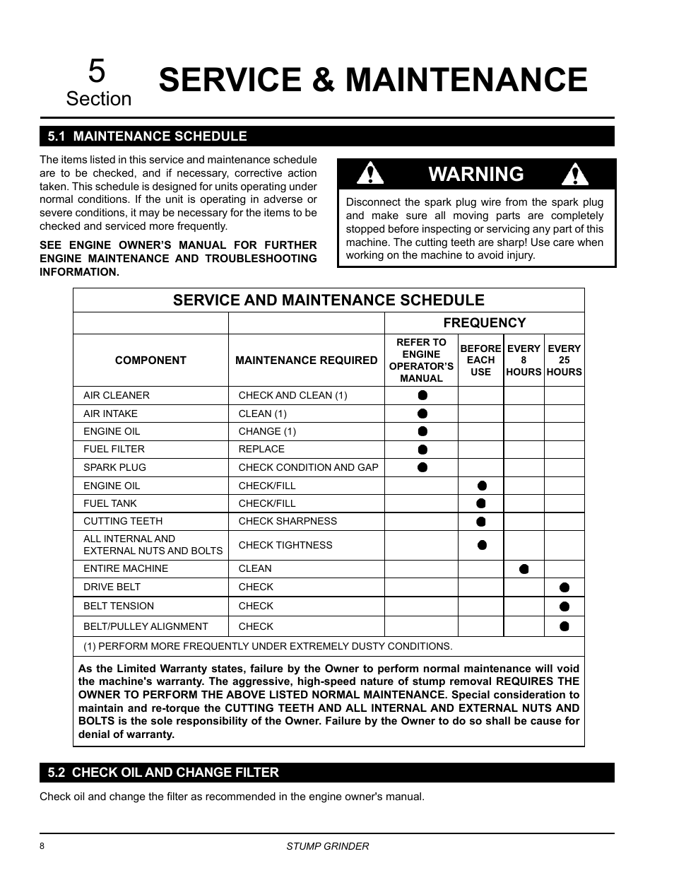 Service & maintenance, 1 maintenance schedule, 2 check opil and change filter | Service & maintenance 5, Warning, Service and maintenance schedule | Echo SG340 Owners Manual v.4 User Manual | Page 12 / 18