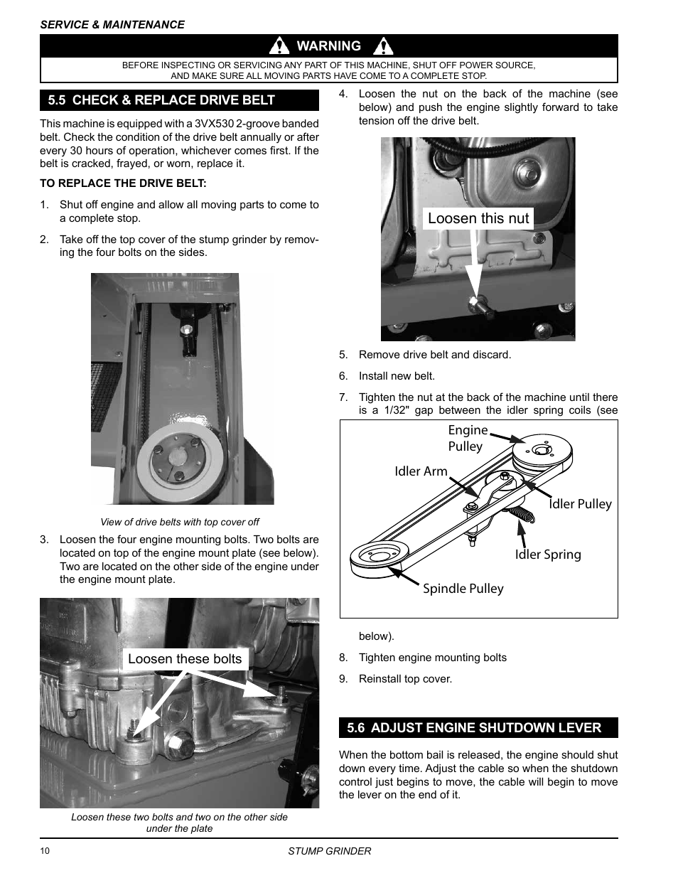 5 check & replace drive belt, 6 adjust engine shutdown lever, Loosen this nut | Echo SG340 Owners Manual v.4 User Manual | Page 14 / 18