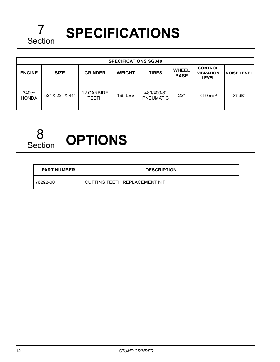 Specifications, Options, Specifications options 7 8 | Echo SG340 Owners Manual v.4 User Manual | Page 16 / 18