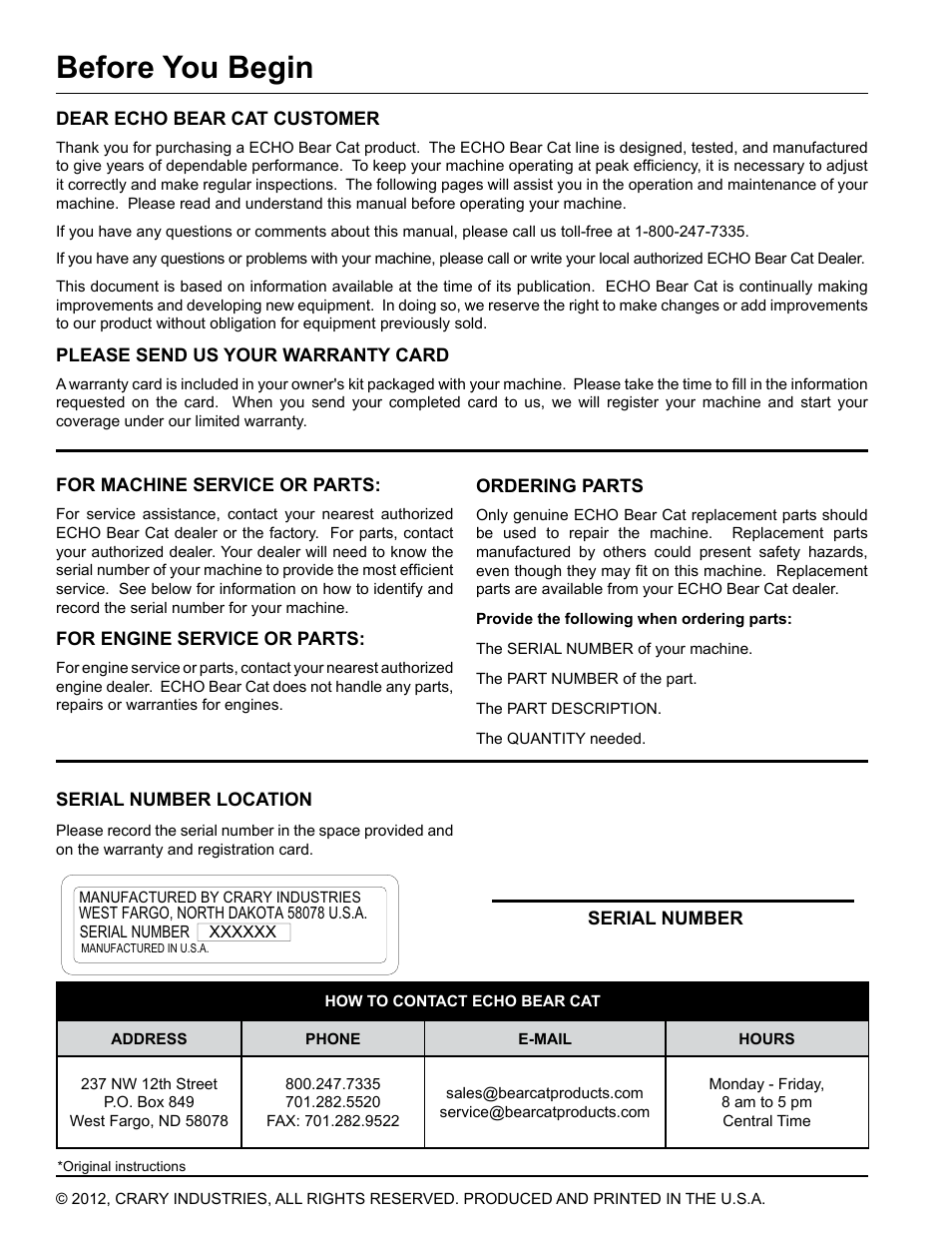 Before you begin | Echo SG340 Owners Manual v.4 User Manual | Page 2 / 18