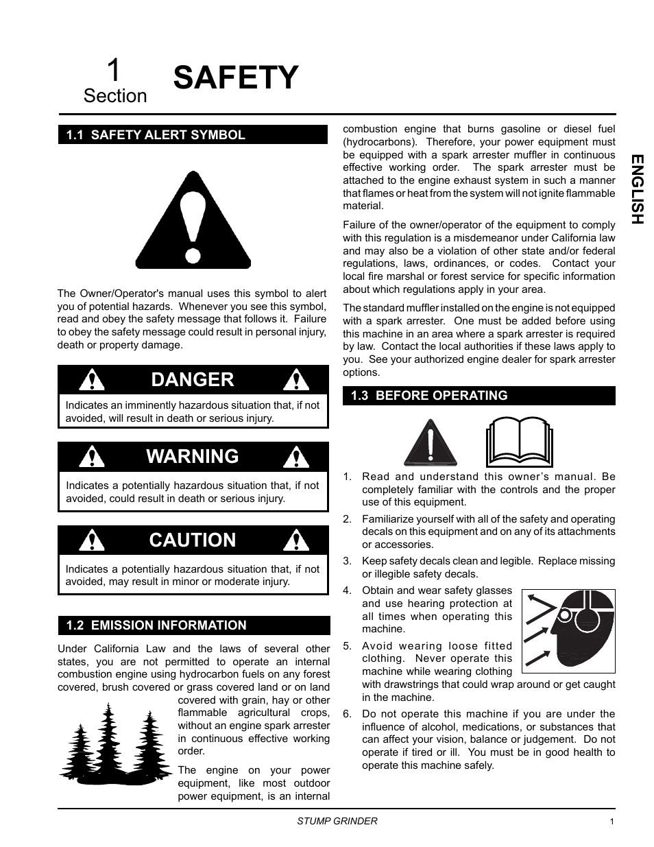 Safety, 1 safety alert symbol, 2 emission information | 3 before operating, Danger, Warning, Caution, English | Echo SG340 Owners Manual v.4 User Manual | Page 5 / 18