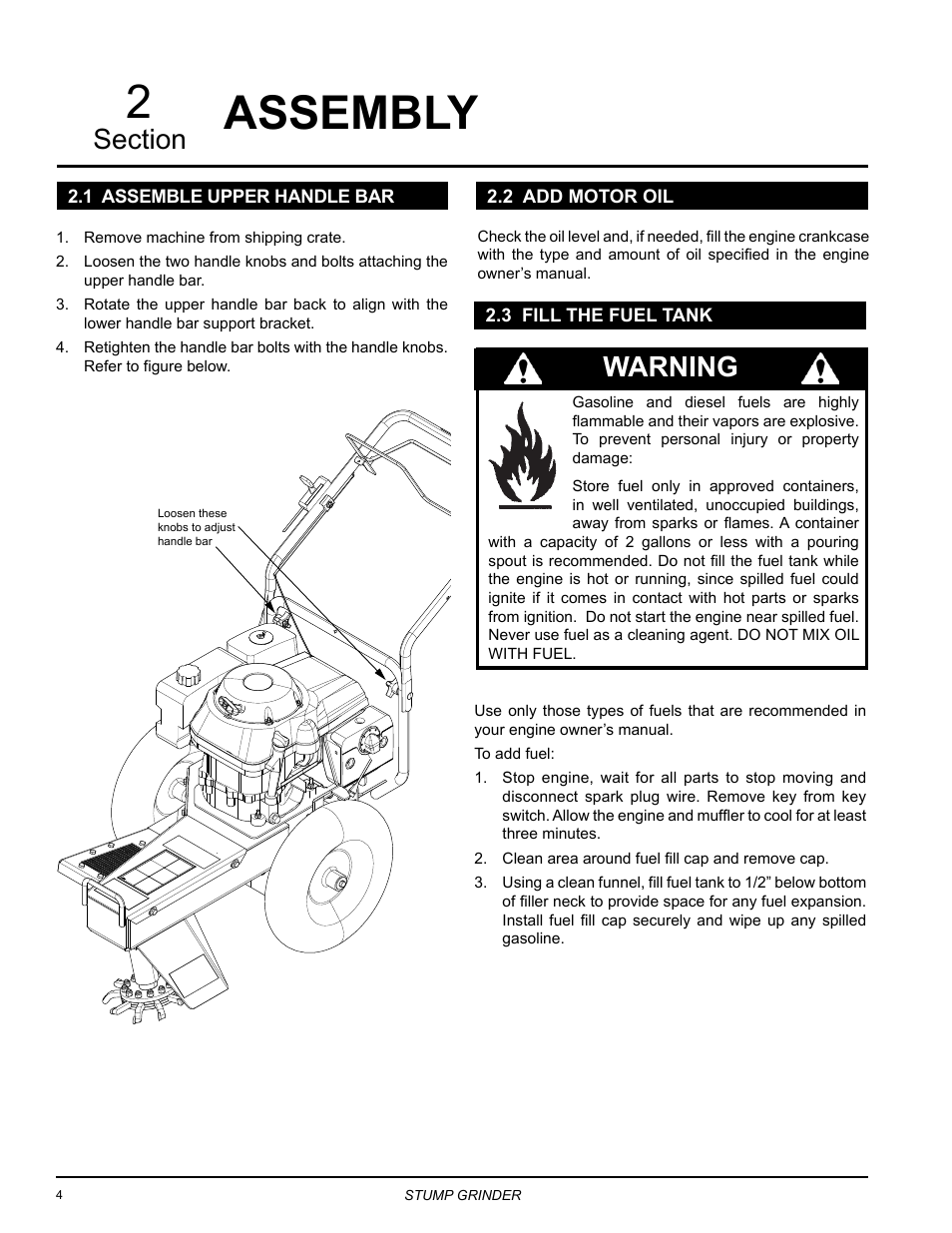Assembly, 1 assemble upper handle bar, 2 add motor oil | 3 fill the fuel tank, Assembly 2, Warning | Echo SG340 Owners Manual v.4 User Manual | Page 8 / 18