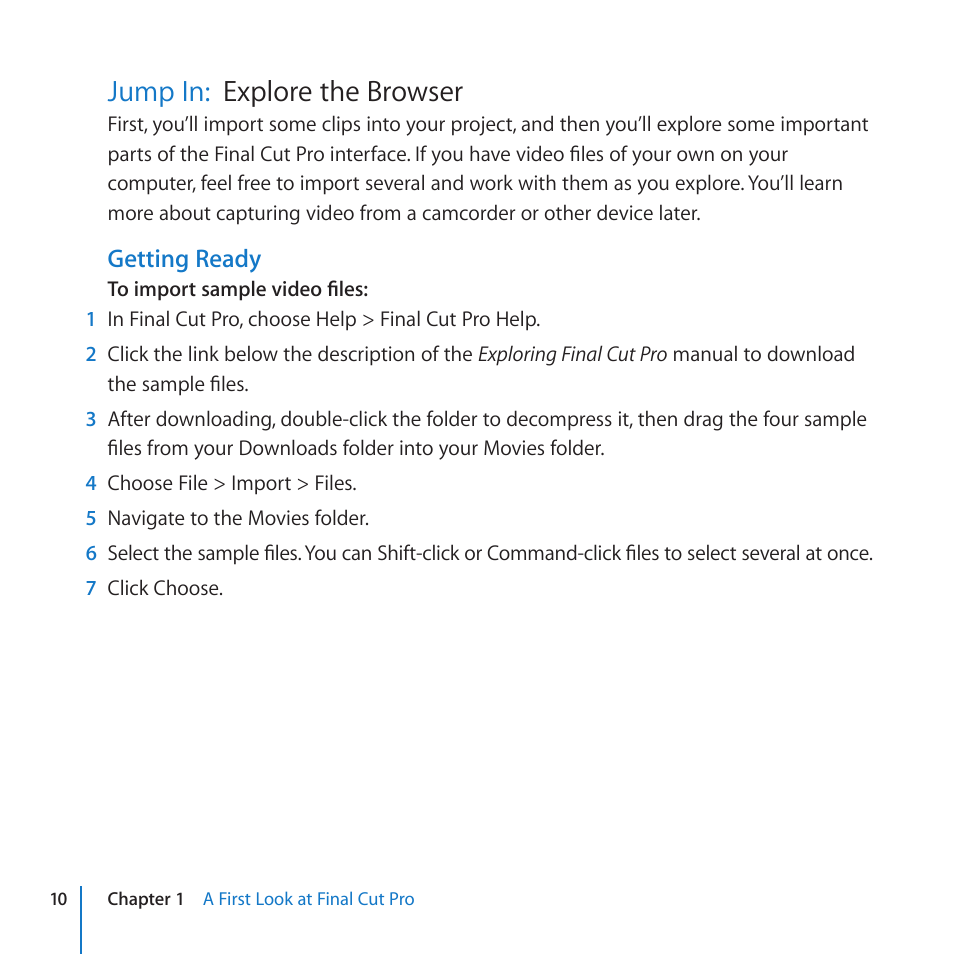Jump in: explore the browser, Jump in, Explore the browser | Explore the browser jump in, Getting ready | Apple Final Cut Pro 7 User Manual | Page 10 / 178