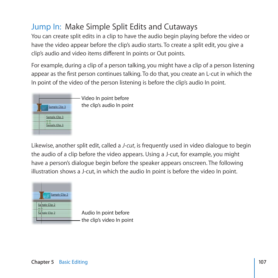 Jump in: make simple split edits and cutaways, Jump in, Make simple split edits and cutaways | Make simple split edits and cutaways jump in | Apple Final Cut Pro 7 User Manual | Page 107 / 178