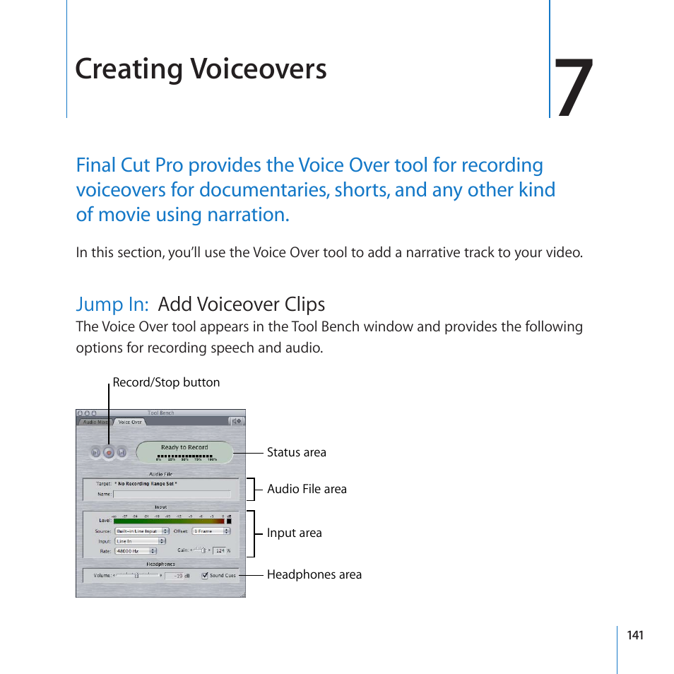 Chapter 7: creating voiceovers, Jump in: add voiceover clips, Jump in | Add voiceover clips, Creating voiceovers | Apple Final Cut Pro 7 User Manual | Page 141 / 178