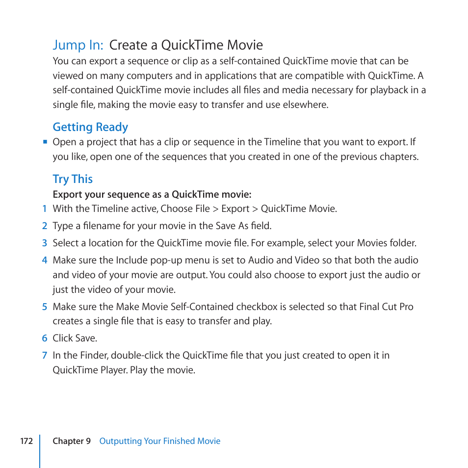 Jump in: create a quicktime movie, Jump in, Create a quicktime movie | Create a quicktime movie jump in | Apple Final Cut Pro 7 User Manual | Page 172 / 178