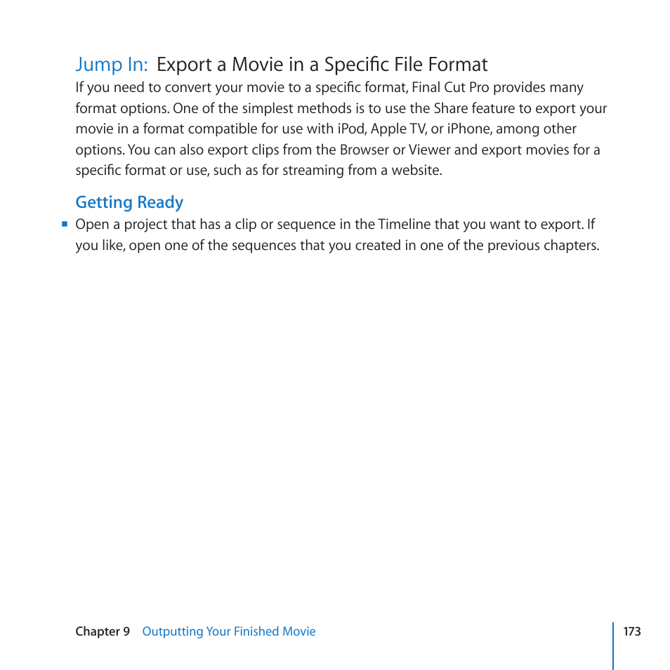 Jump in: export a movie in a specific file format, Jump in, Export a movie in a specific file format | Export a movie in a specific file format jump in | Apple Final Cut Pro 7 User Manual | Page 173 / 178