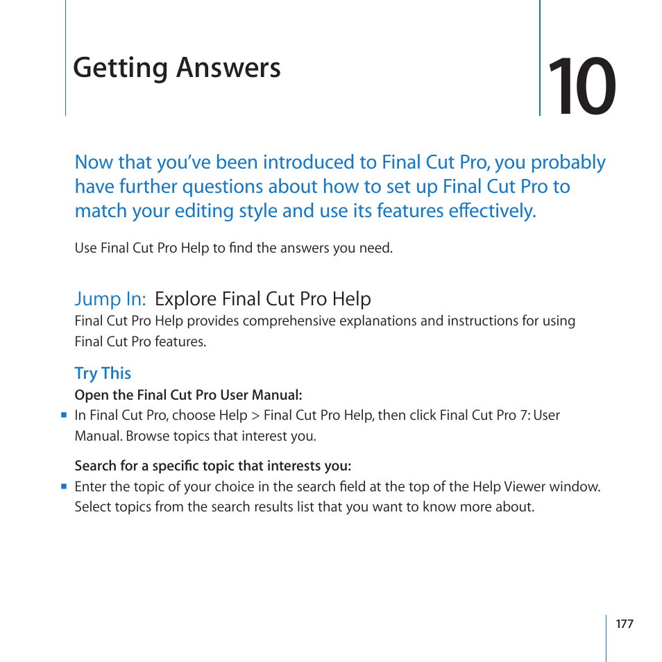 Chapter 10: getting answers, Jump in: explore final cut pro help, Jump in | Explore final cut pro help, Getting answers | Apple Final Cut Pro 7 User Manual | Page 177 / 178