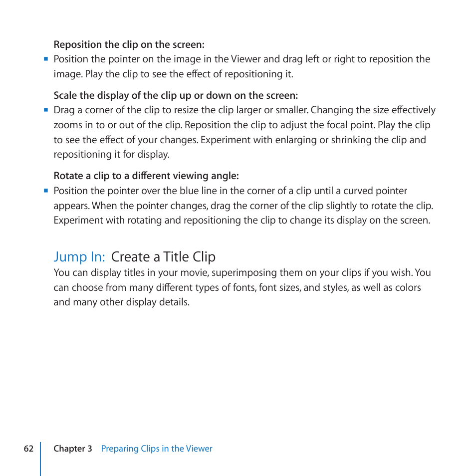 Jump in: create a title clip, Jump in, Create a title clip | Create a title clip jump in | Apple Final Cut Pro 7 User Manual | Page 62 / 178