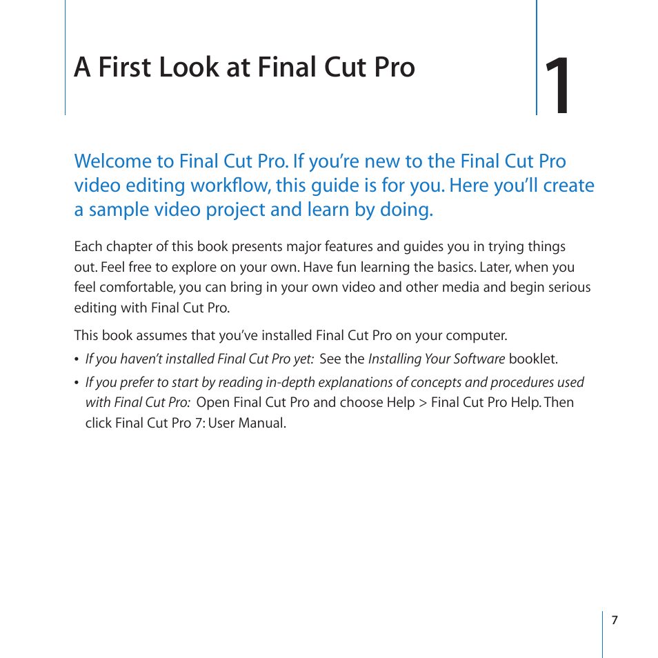 Chapter 1: a first look at final cut pro, A first look at final cut pro | Apple Final Cut Pro 7 User Manual | Page 7 / 178