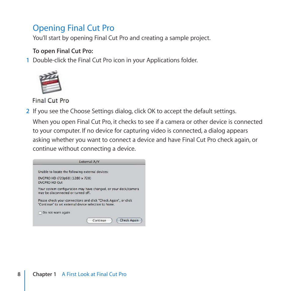 Opening final cut pro | Apple Final Cut Pro 7 User Manual | Page 8 / 178