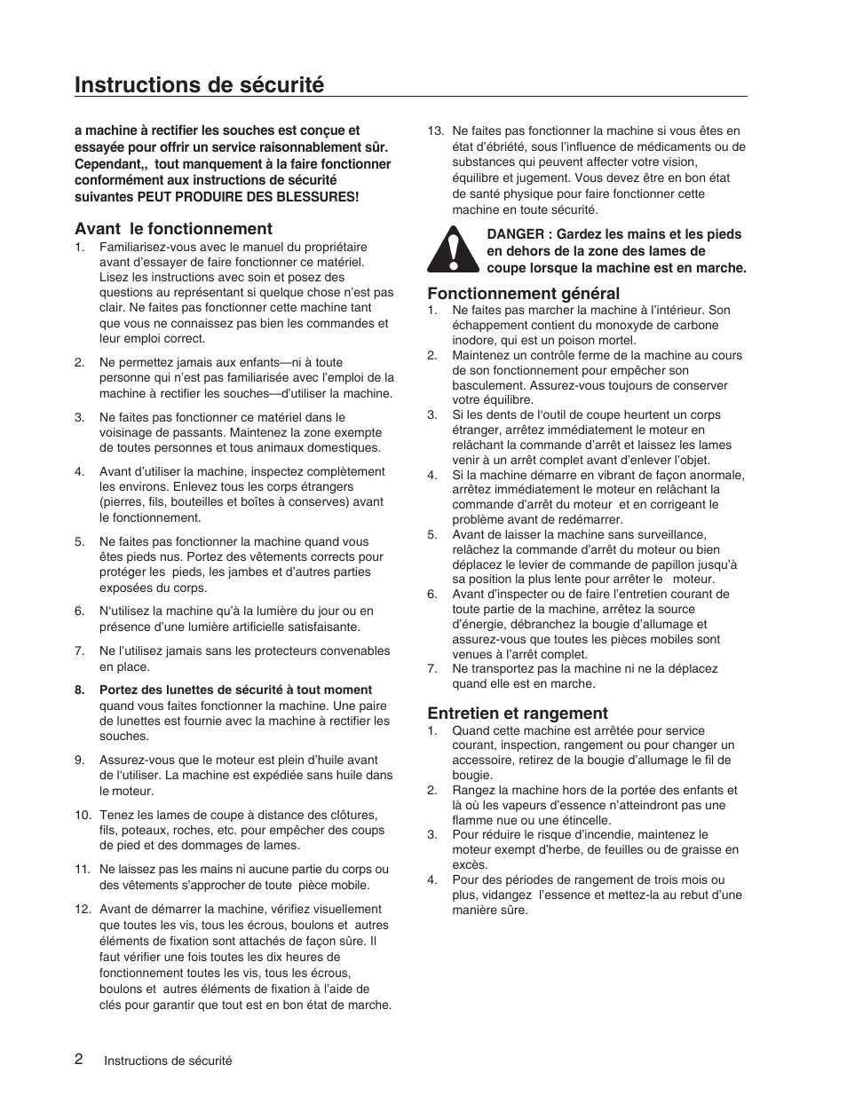 Instructions de sécurité, Avant le fonctionnement, Fonctionnement général | Entretien et rangement | Echo 73710S User Manual | Page 14 / 59