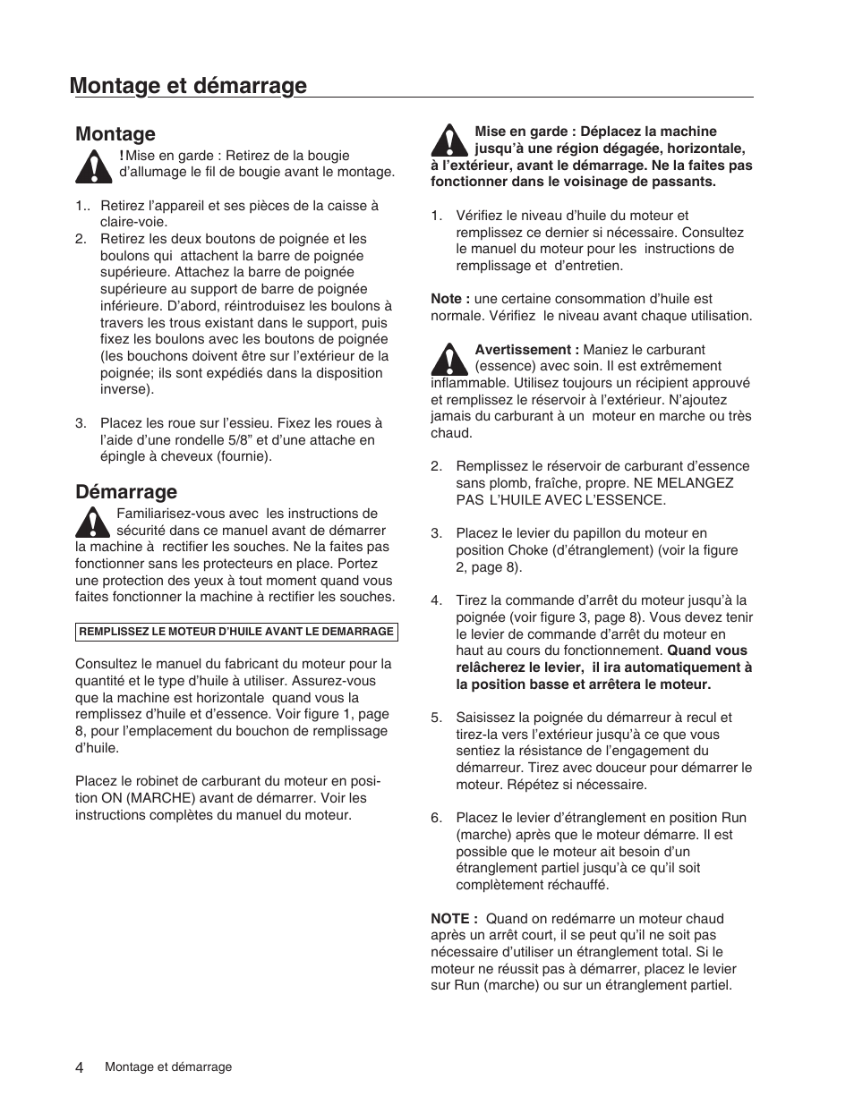 Montage et démarrage, Montage, Démarrage | Echo 73710S User Manual | Page 16 / 59