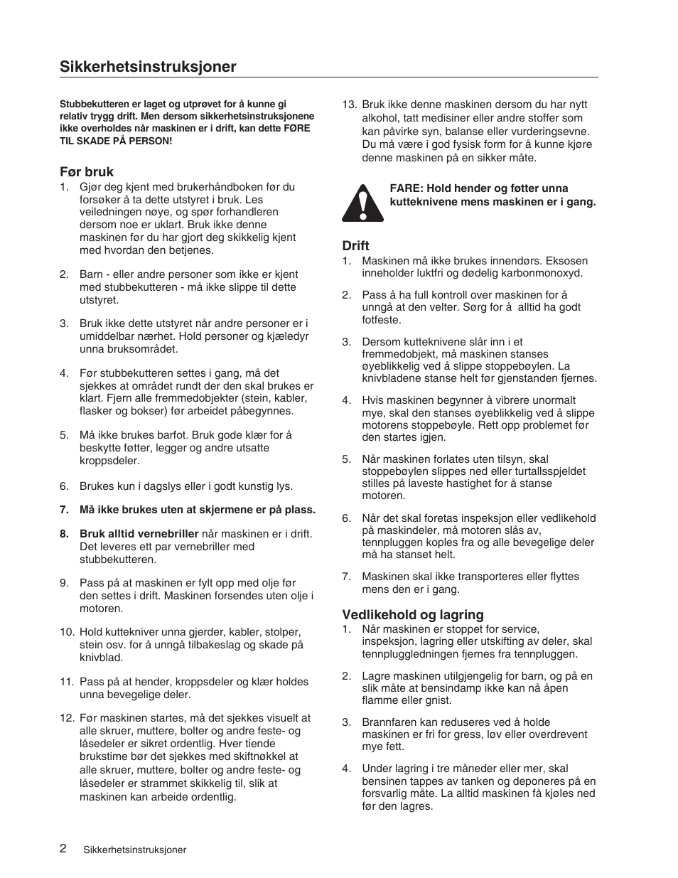 Sikkerhetsinstruksjoner | Echo 73710S User Manual | Page 32 / 59