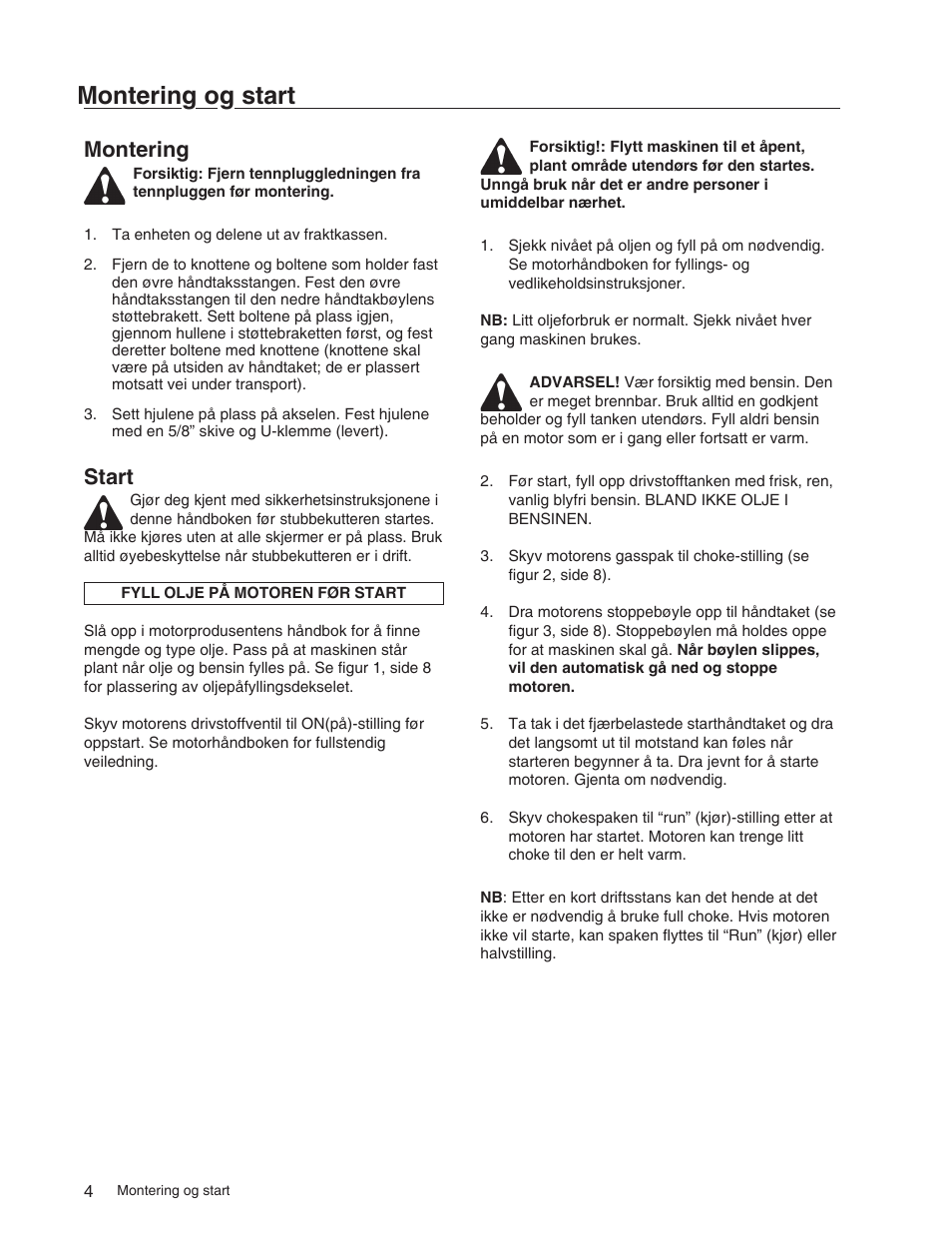 Montering og start, Montering, Start | Echo 73710S User Manual | Page 34 / 59